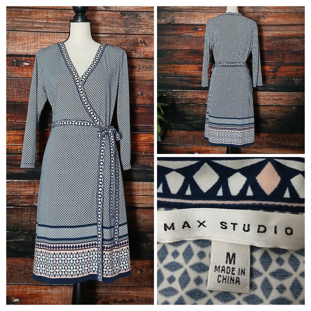 Max Studio Wrap Dress M Navy Blue Peach Geometric Print Stretch 3/4 Sleeve